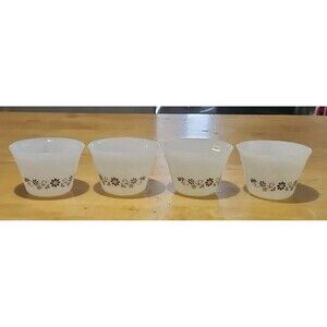 Set of 4 Vintage Dynaware Pyr-O-Ray Milk Glass Custard Cups Brown Daisy